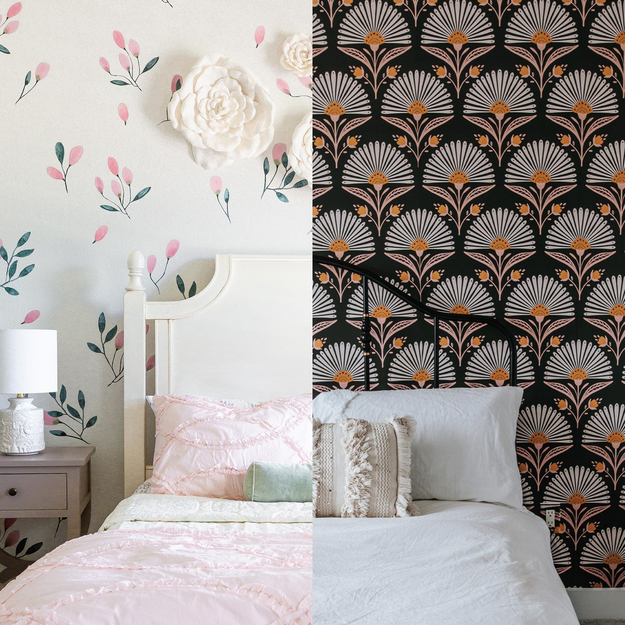 plit-image comparison showing floral wall decals with pink and green botanicals on the left, and bold Art Deco floral wallpaper in black, orange, and white on the right.
