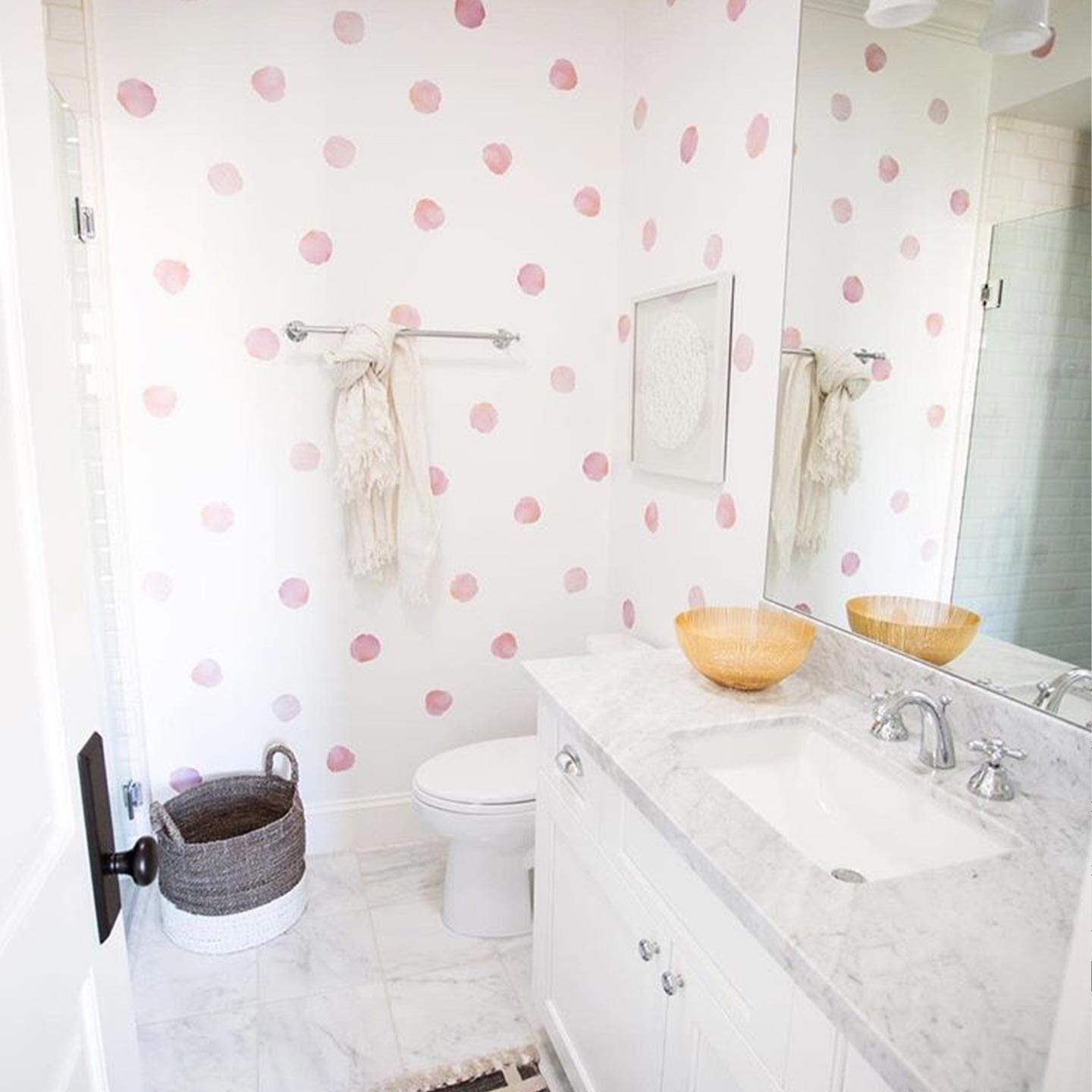 Bathroom with watercolor polka dot wall decals