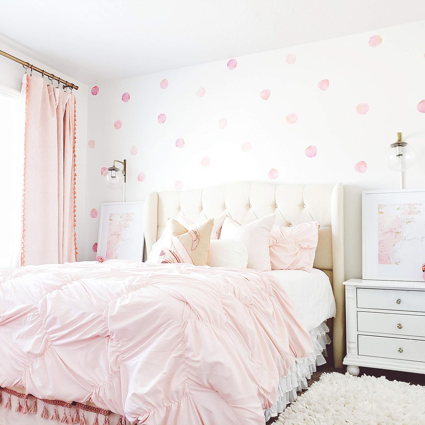 Room with coral watercolor polka dot wall decals