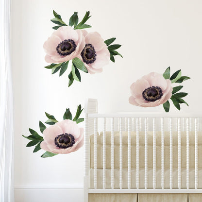 SALE - Anemone Light Pink Flowers & Leaves Wall Decals